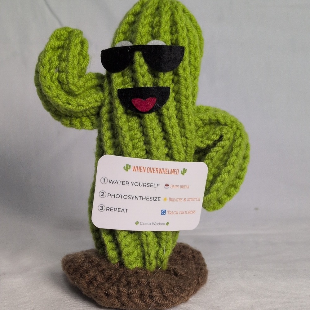 Handmade Crochet Cactus Wisdom Stuffed Toy with Sunglasses, Small, 2024